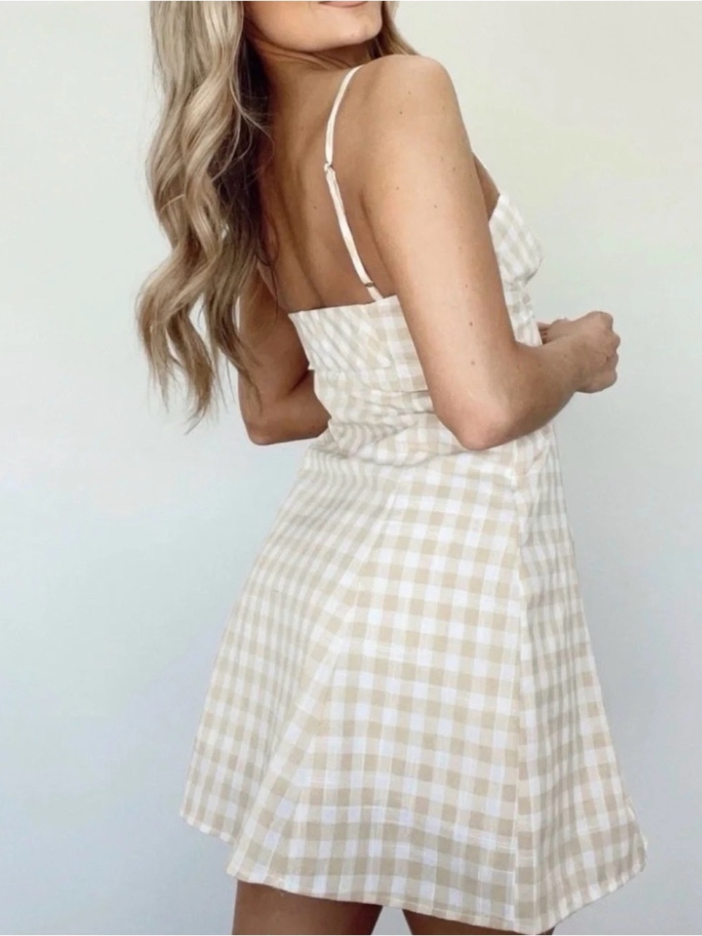 New Promesa Beige Gingham Dress - Picture 5 of 8
